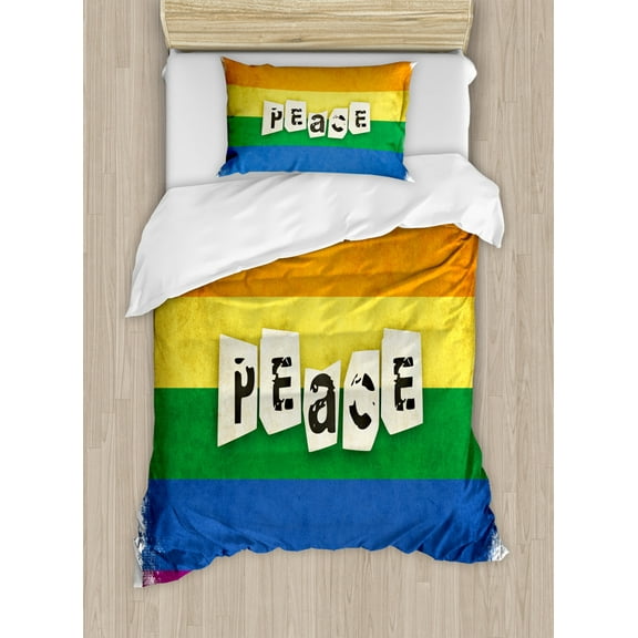 Pride Duvet Cover Set Twin Size, Grunge and Colorful Striped Backdrop Peace Wording Vintage Gay Lesbian Flag Print, Decorative 2 Piece Bedding Set with 1 Pillow Sham, Multicolor, by Ambesonne