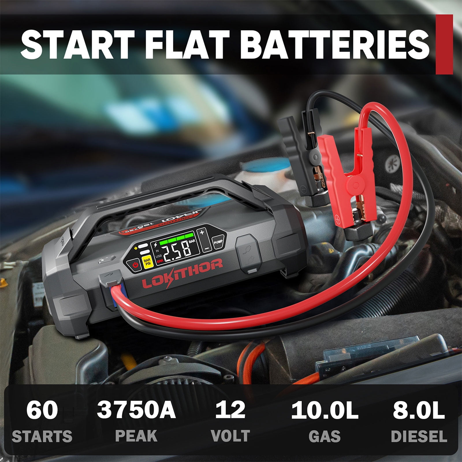 LOKITHOR JA401 Jump Starter with Air Compressor, 3750Amp 12V Portable Car Battery Starter（10.0L Gas and 8.0L Diesel）Engines, 150PSI Digital Tire Inflator