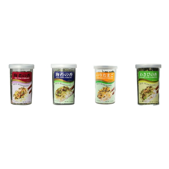Ajishima JFC Rice Seasoning Fumi Furikake 4 Flavor Mixed Bundle (EBI,Nori Komi,Noritamago,Wasabi) Plus NineChef Brand Long Handle Coffee Spoon