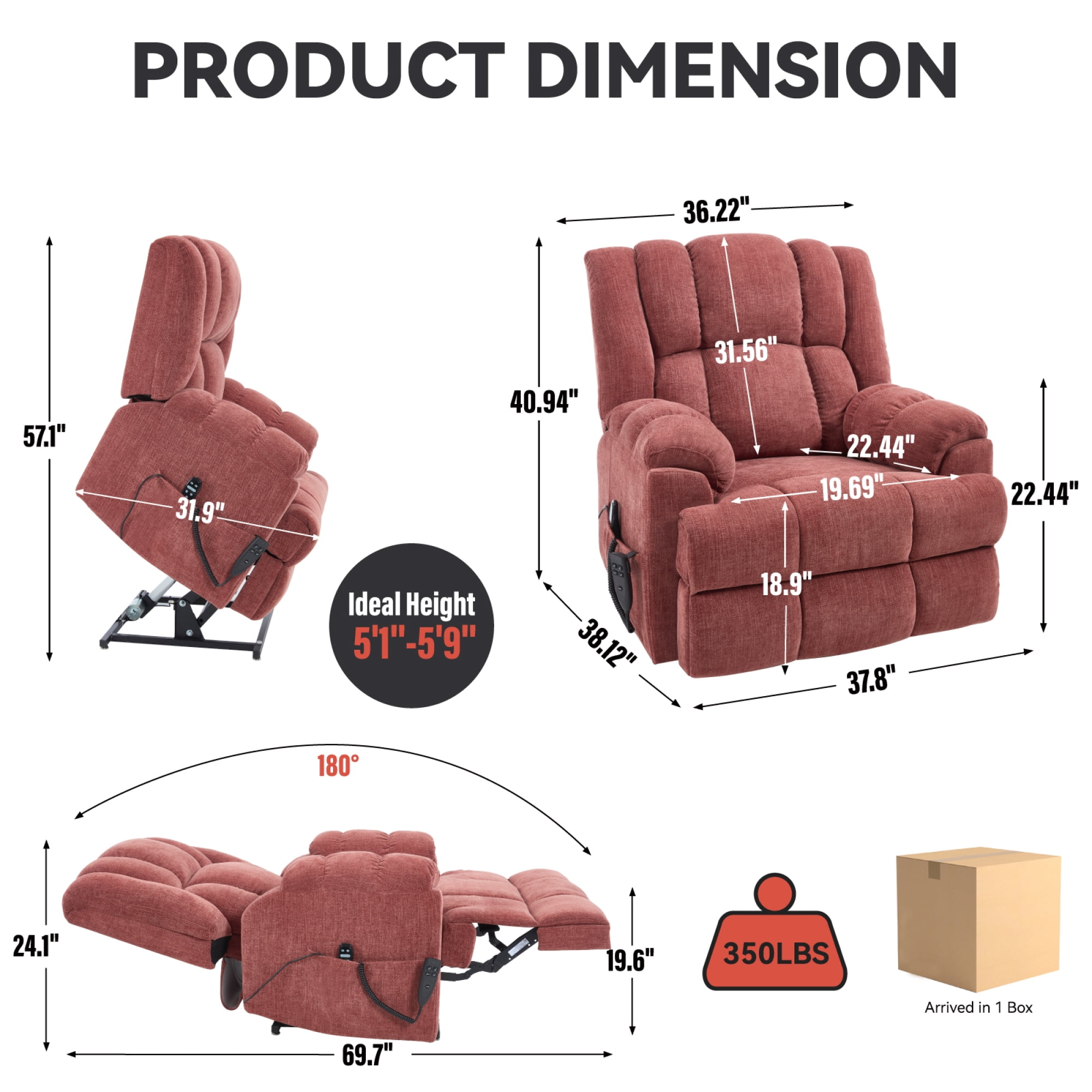 Leumius Large Power Lift Recliner Chair for Elderly,Heavy Duty Dual Motor Chenille Electric Recliners Chair with Massage and Heat for Living Room,Red
