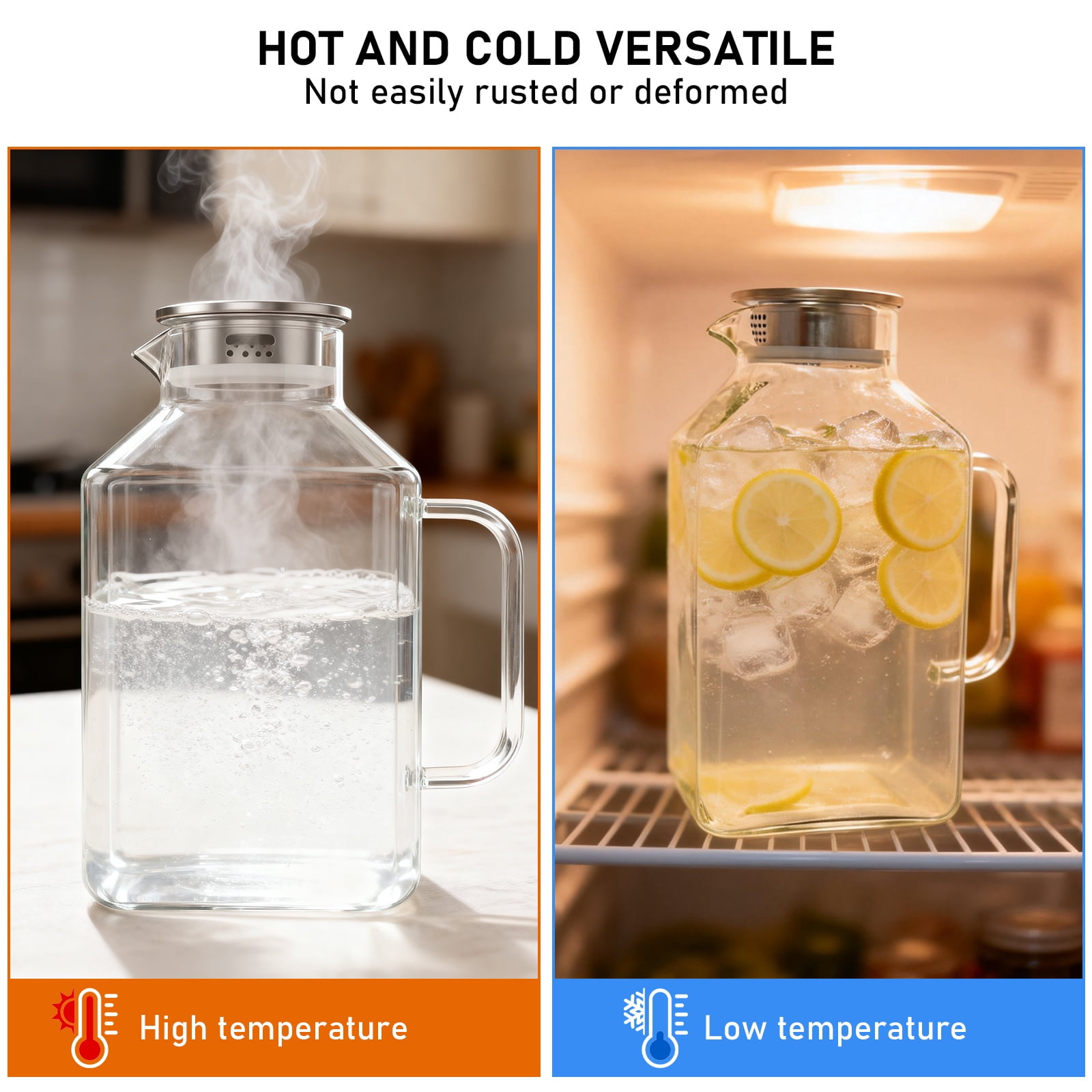Fkszll 1 Gallon Square Glass Pitcher with Lid and Spout Borosilicate Glass Carafe for Hot/Cold Drink Water Pitcher with Handle for Fridge Large Jug for Iced Tea Coffee Juice Beverage
