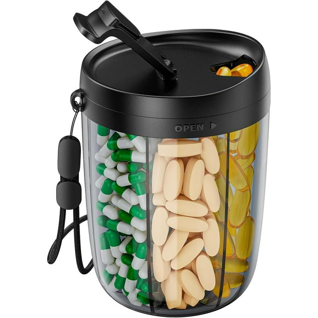 HUGFEGWE Large Supplement Organizer Bottle, Holds Plenty of Vitamins in 1 Monthly Pill Dispenser with Anti-Mixing & Wide Openings Design, Easy to Retrieve Meds, Includes 20 Pcs Stick-on AZ824-2787