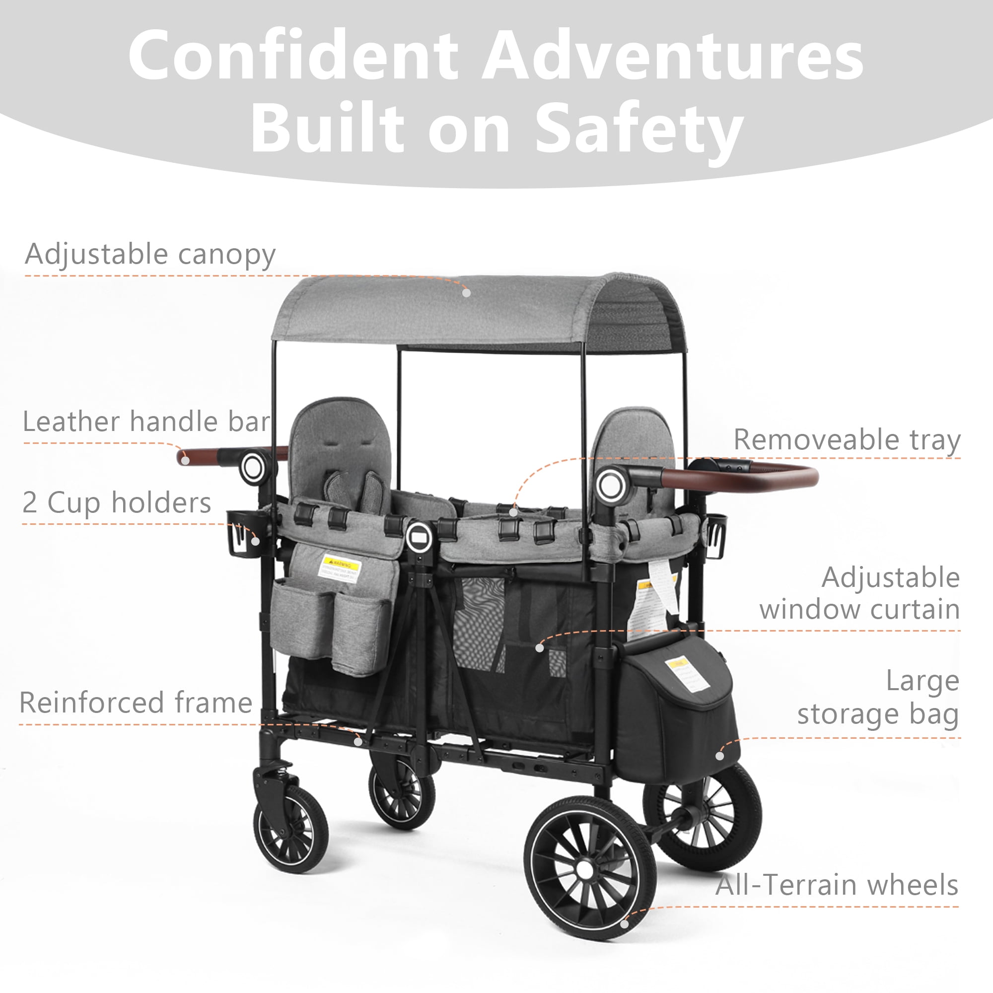 AILEEKISS Stroller Wagon for 2 Toddlers with Canopy, All-Terrain Baby Wagon, 55 Pounds, Black Grey