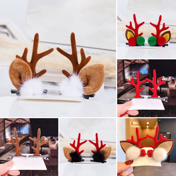 SmartBy 1 Pair Reindeer Antler Hair Clips for Christmas Fluffy Ear Headband with Pom Poms Festive Girls Hair Accessories Gift for Women Kids