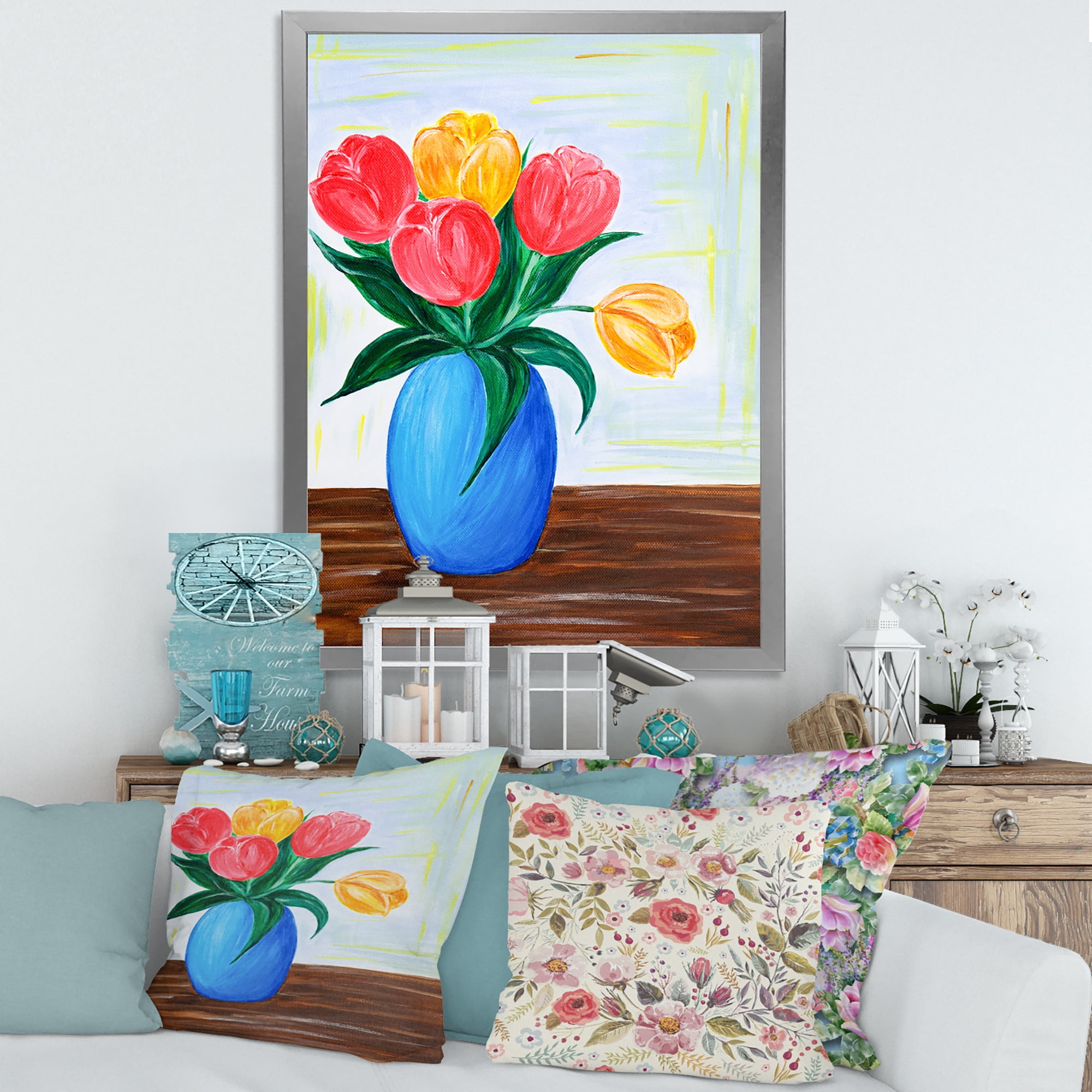 Designart 'Bouquet Of Orange and Red Tulips In A Vase' Traditional Framed Art Print