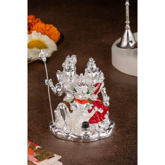 Shiva Ganesh & Parvati Idol in Silver - 5 Inches