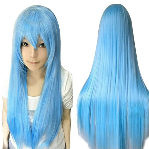 Peluca ANOGOL azul cielo de 80 cm de largo, recta, para cosplay de mujer