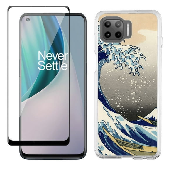 Slim-Fit Protective Phone Case compatible with Motorola Moto One 5G UW, with Tempered Glass Screen Protector, by OneToughShield ® - Great Wave
