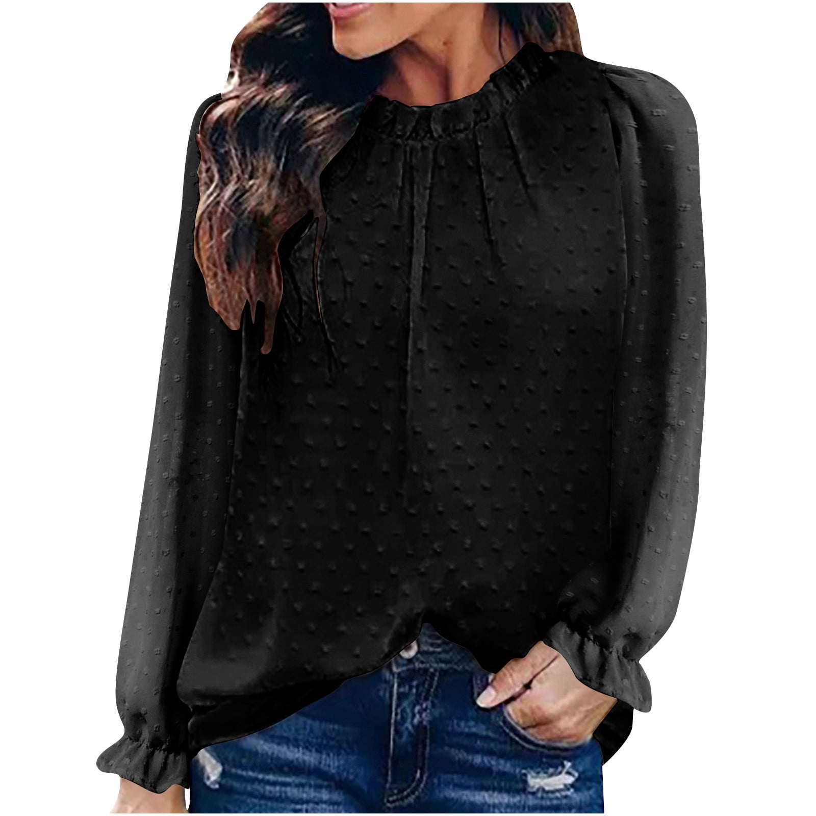 typeservice☆Jacquard Balloon Top Black Jacquard Chiffon Top for Women Round Neck Chiffon Top