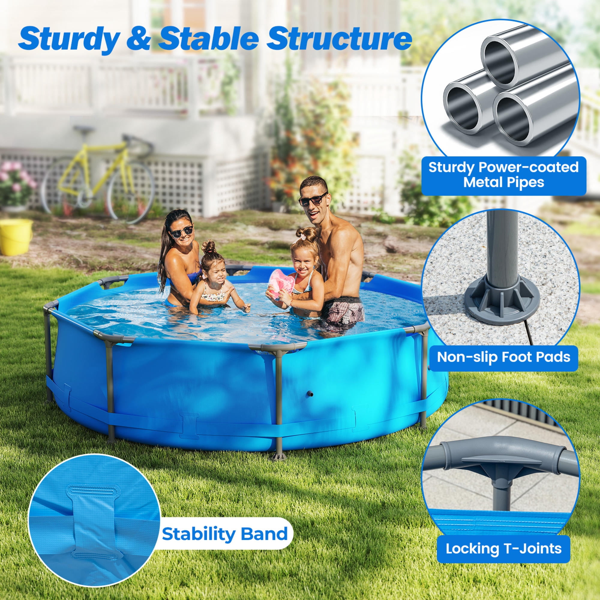 10ft Round Metal Frame Above Ground Pool, 1158 Gallon Family Swimming Pool with Triple-Layer PVC Liner for Backyard, Patio