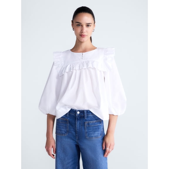 Free Assembly Women's and Women's Plus Ruffle Yoke Cotton Top with Puff Sleeves, Sizes XS-4X