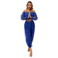 thumbnail image 2 of TiaoBug Womens Belly Dance Costume Long Sleeve Off Shoulder Crop Top+Sequined Dots Chiffon Pants Set Royal Blue One Size, 2 of 7