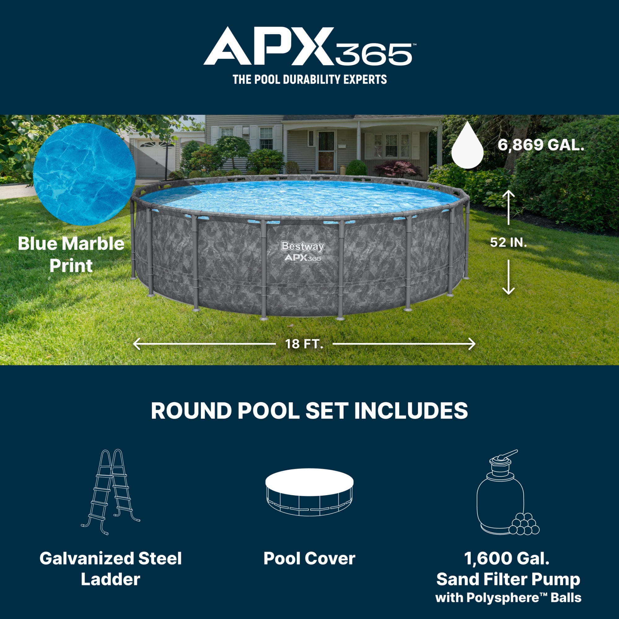 Bestway APX 365 18'x52" Metal Frame Above Ground Pool w/ Sand Filter Pump, Ladder & Cover