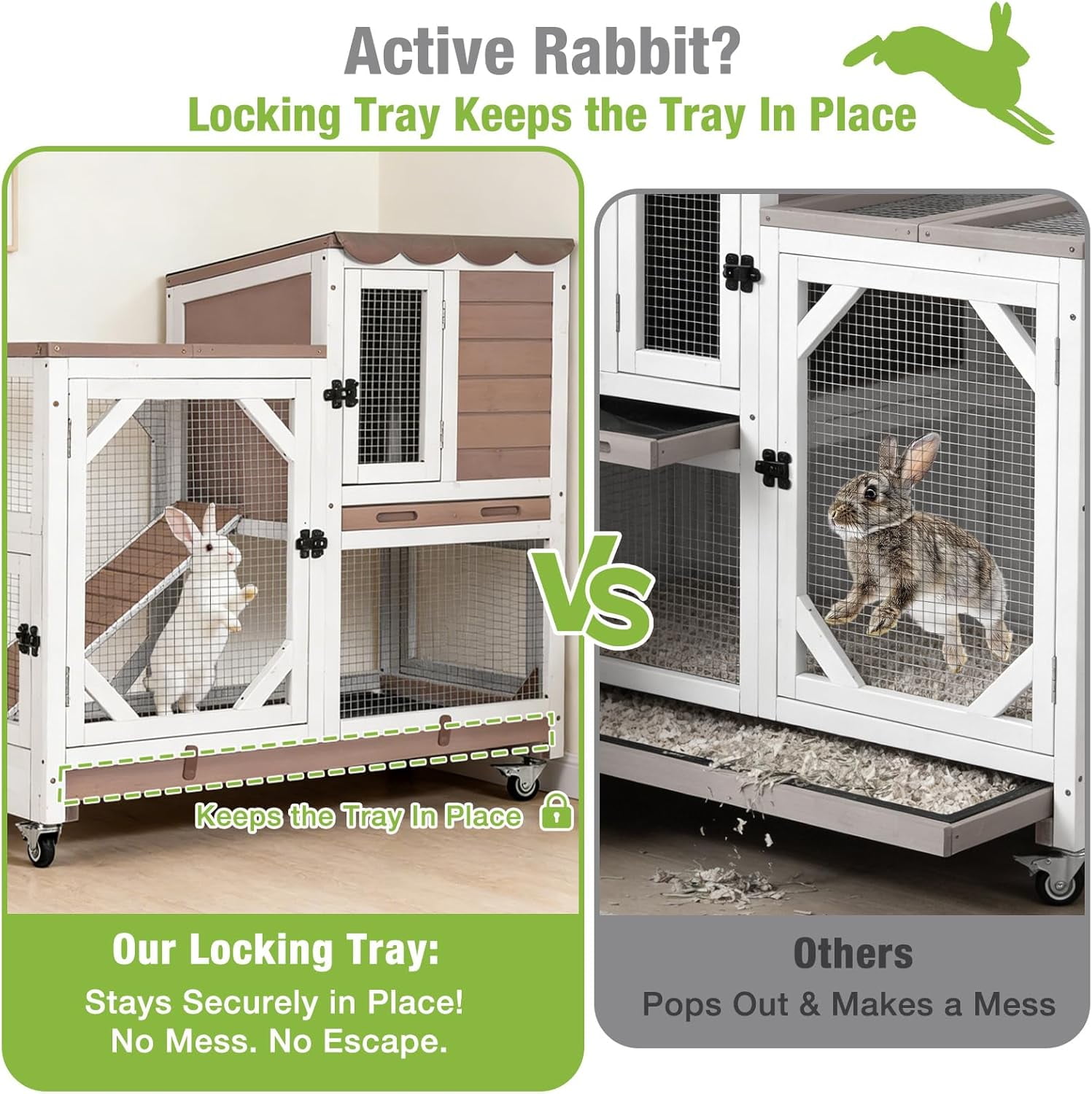 2-Story Rabbit Hutch Bunny Cage with Leak-Proof Trays & Chew-Proof Ramp - Indoor/Outdoor 39.3" Wooden Rabbit Cage with Wheels (Brown)