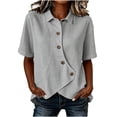 thumbnail image 2 of IUYRTFE Women's Short Sleeve Asymmetrical Button Down Shirt Collared Linen Feel Summer Casual Blouse with Irregular Hem, 2 of 5