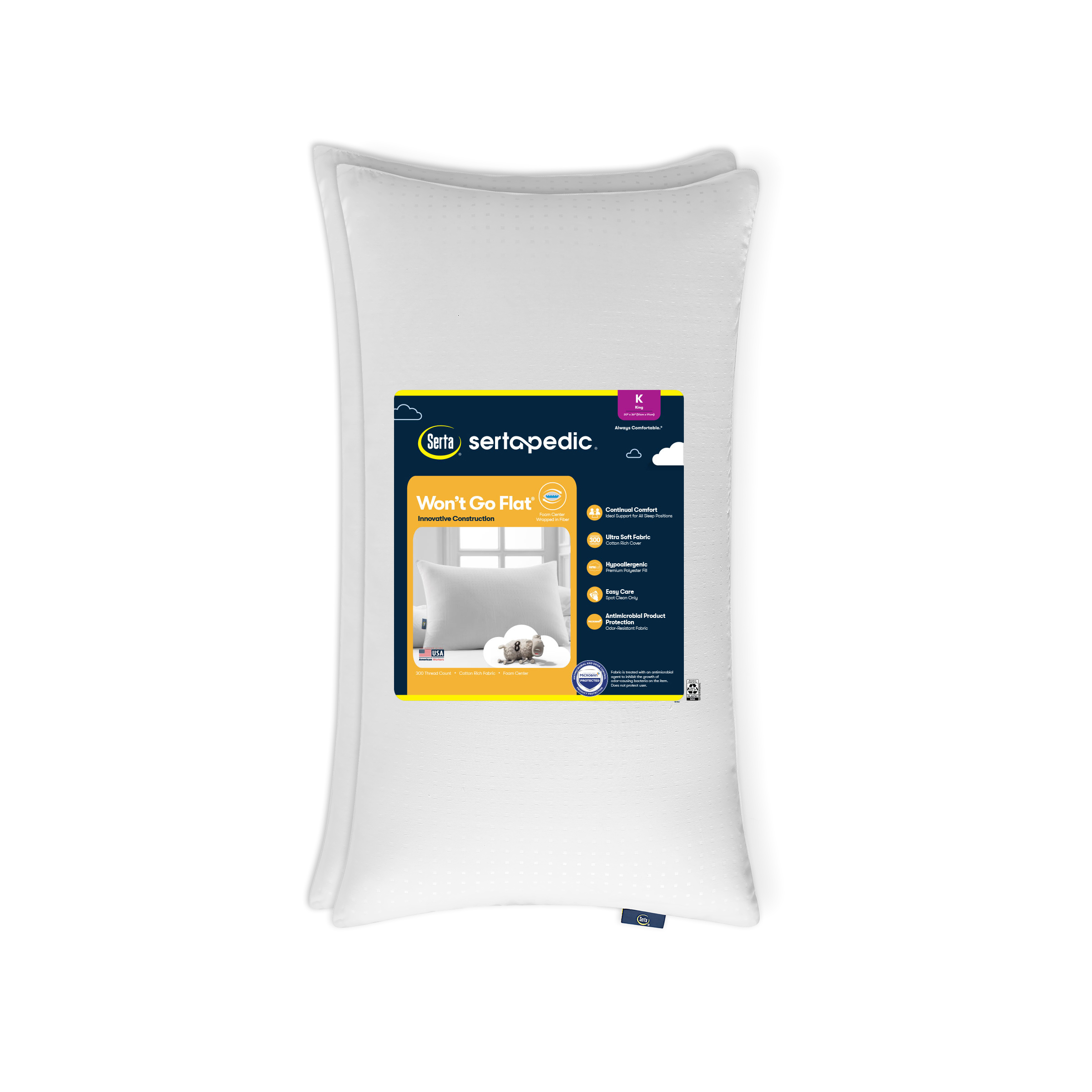 Sertapedic Won't Go Flat Bed Pillow, King, 2 Pack