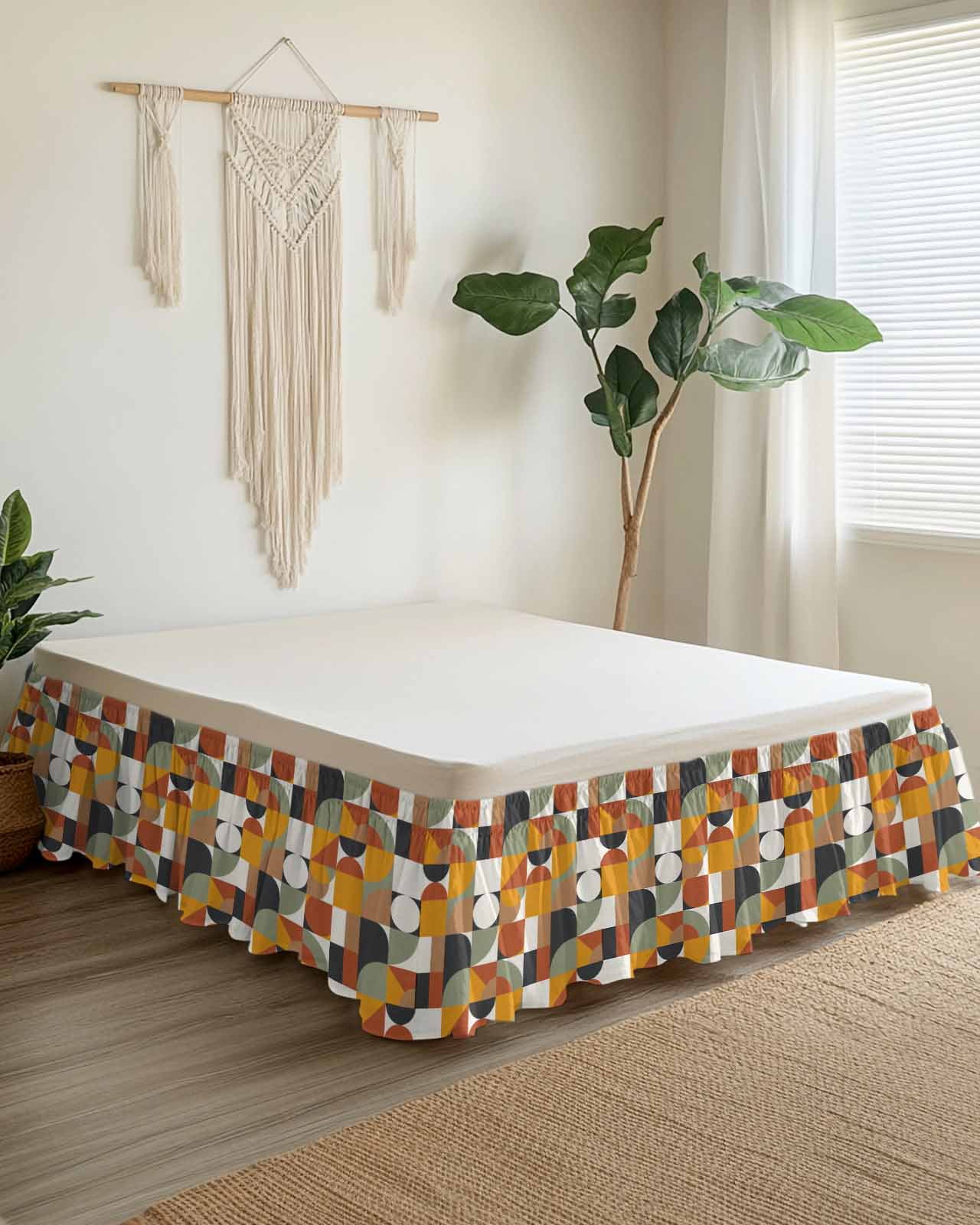 Nordic Retro Ruffle Bed Skirt California King Size Orange Black White Geometric Abstract Art Adjustable Elastic Dust Bed Skirts Wrap Around Bedskirt Wrinkle Free Easy Fit with 16 Inch Drop