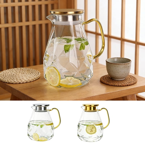 Thickened Clear Diamond Pattern Glass Water Pitcher, with Stainless Steel Lid, Large Capacity Beverage Carafe for Iced Tea Juice Water Home Kitchen Dining Room Daily Use, 1500ml, Silver