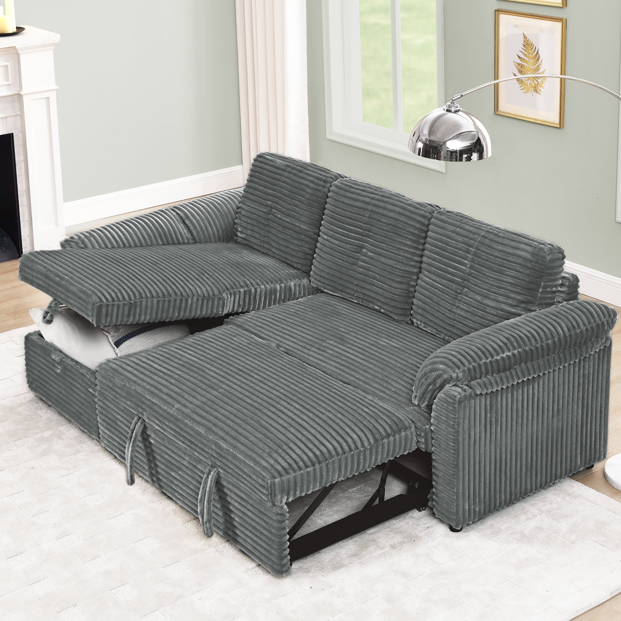 Dinosisco Convertible Sofa Bed with Storage Chaise, Corduroy Sectional Sleeper Sofa Couch for Living Room, Gray