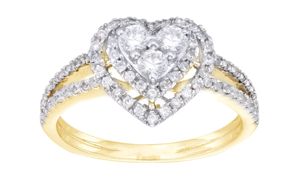 White Natural Diamond Heart Frame Ring in 10k Yellow Gold