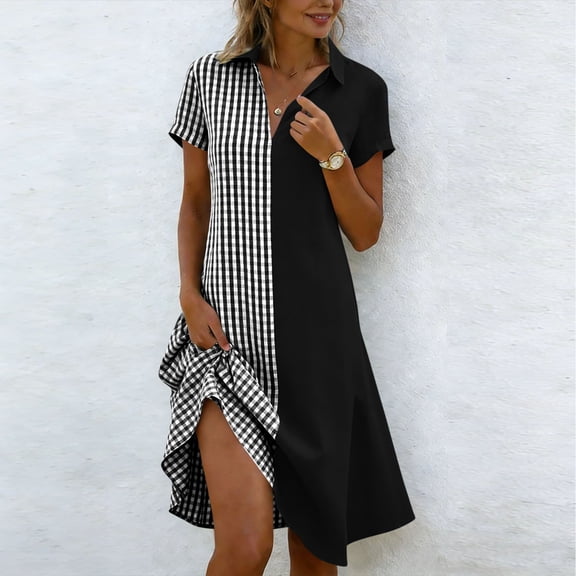 Odbmxy Midi Dress for Women Summer Short Sleeve Collared Sundress Loose Tunic Plaid Fancy Sheath Everyday Women Dresses