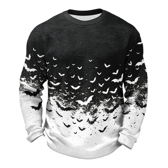 Rexolia Mens Oversized Waffle T Shirt Halloween Spider Bat Graphic Long Sleeve Casual Comfort Top Black L