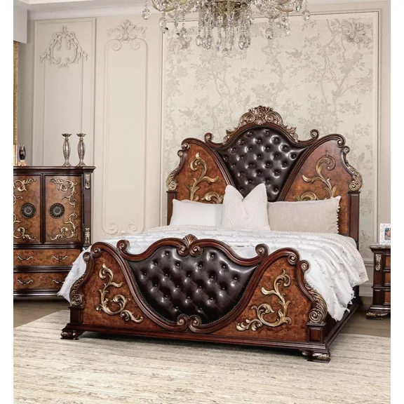 Dark Cherry King Size Bed Diamond Tufted Leatherette HB Solidwood Antique Carvings 1pc Bedframe
