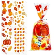 100pcs Fall Cellophane Bags Thanksgiving Fall Candy Bags Pumpkin Maple Leaves Cello Bags Thanksgiving Party Favor Goodies Bags for Autumn Party Supplies