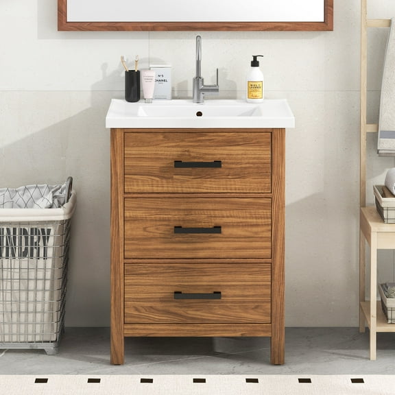 Vanity With Sink, 24'' Bathroom Vanity with Ceramic Basin Sink, Modern Bathroom Storage Cabinet with 3 Drawers, Freestanding Bathroom Vanity Cabinet with Single Sink (Same as SW000108AAP)
