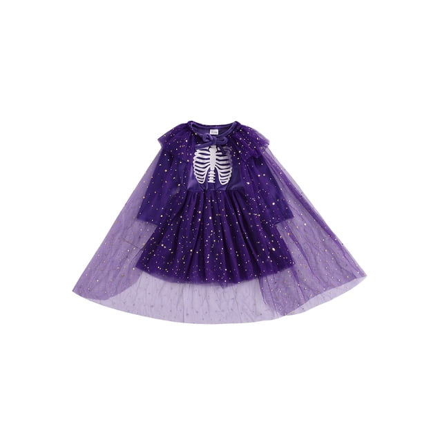 Gupgi Ensemble de Robes d'Halloween pour Filles, 1 2 3 4 5 6 Ans Robe à Manches Longues Imprimé Squelette + Châle en Tulle à Sequins