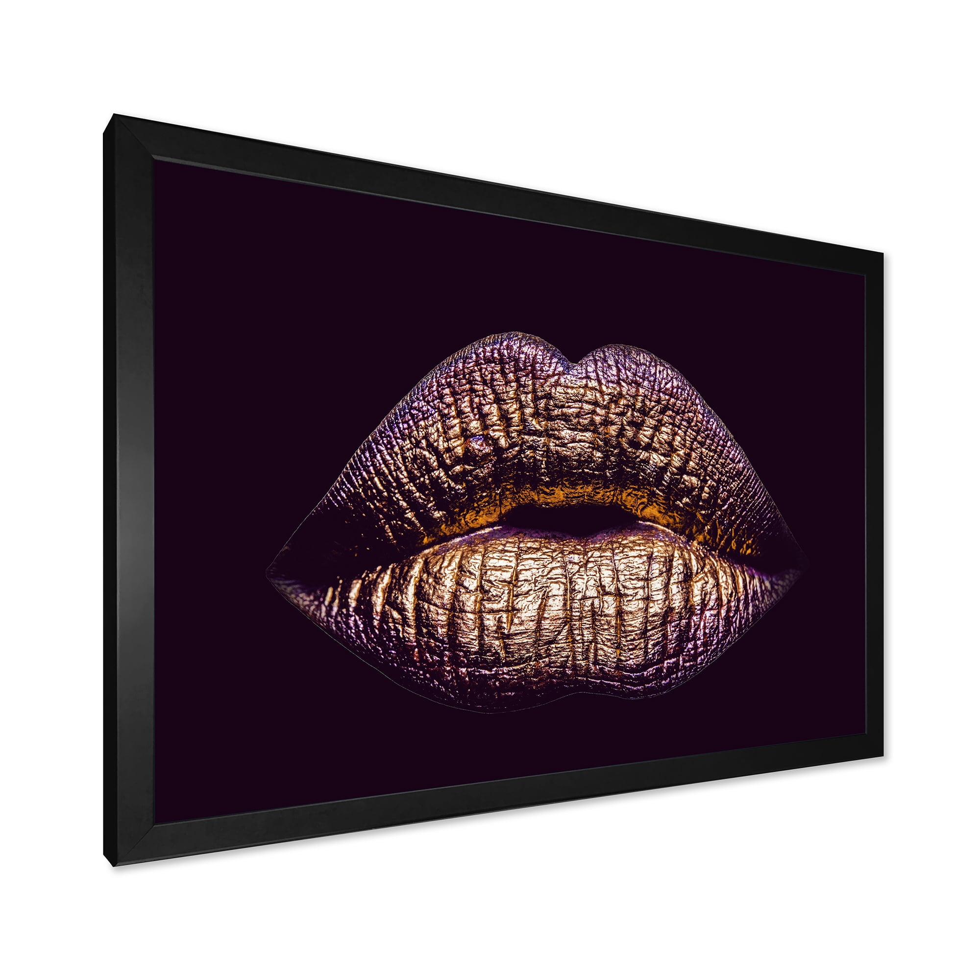 Designart 'Sexy Golden Metallized Woman Lips III' Modern Framed Art Print