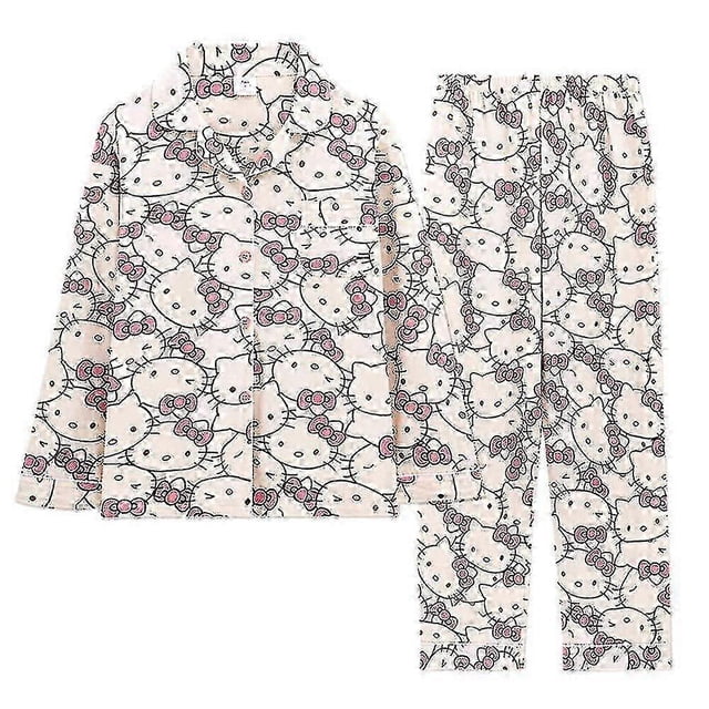 Womens Kawaii Hello Kitty Printed Pajamas Tops+pants Two-piece Set Sleepwear Nightwear Outfits Home Clothes Gifts -NMAOV