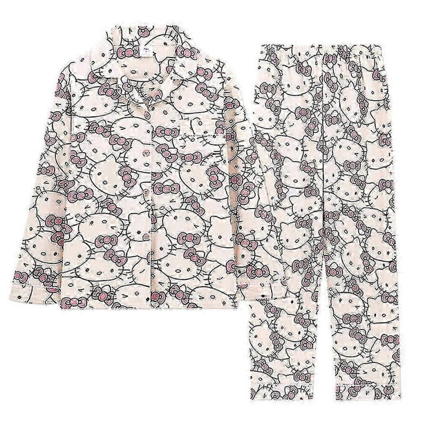Womens Kawaii Hello Kitty Printed Pajamas Tops+pants Two-piece Set Sleepwear Nightwear Outfits Home Clothes Gifts -NMAOV