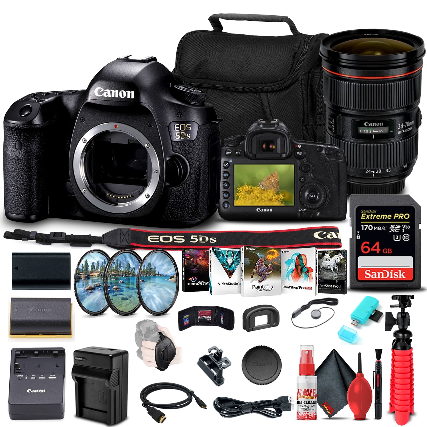 Canon EOS 5DS DSLR Camera Body Only 0581C002 Canon EF 24-70mm F2.8L II USM Lens 5175B002 64GB Memory Card Filter Kit LPE6 Battery External Charger Card Reader International Model