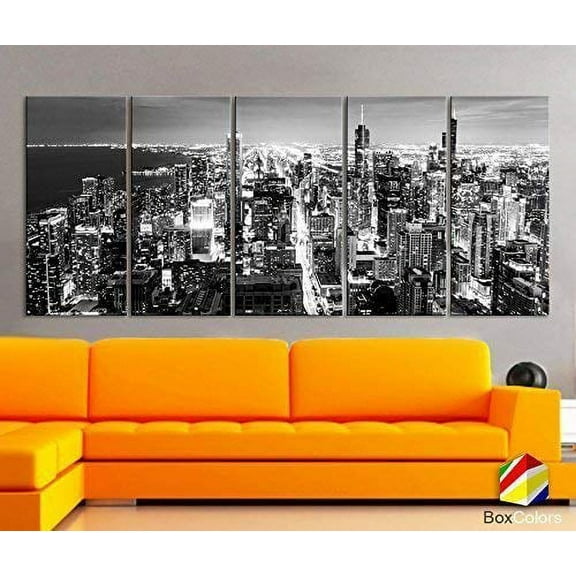Original by BoxColors XLARGE 30"x 70" 5 Panels 30"x14" Ea Art Canvas Print Chicago Aerial Skyline night Downtown Black & White Wall Home decor interior (framed 1.5" depth)