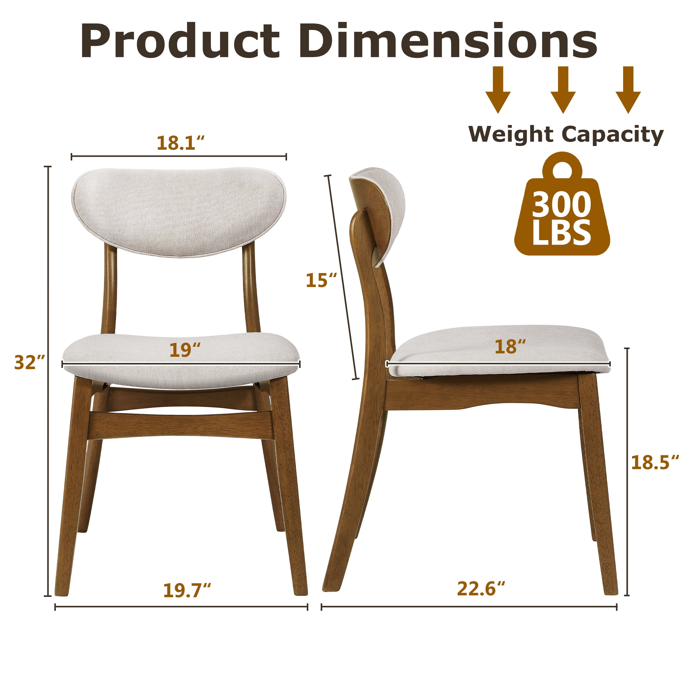 Prilinex Farmhouse Dining Chairs Set of 2, Fabric Upholstered Wooden Dining Chairs with Curved Back & Wood Legs, Mid-Century Kitchen Chairs for Dining Room Restaurant, Beige