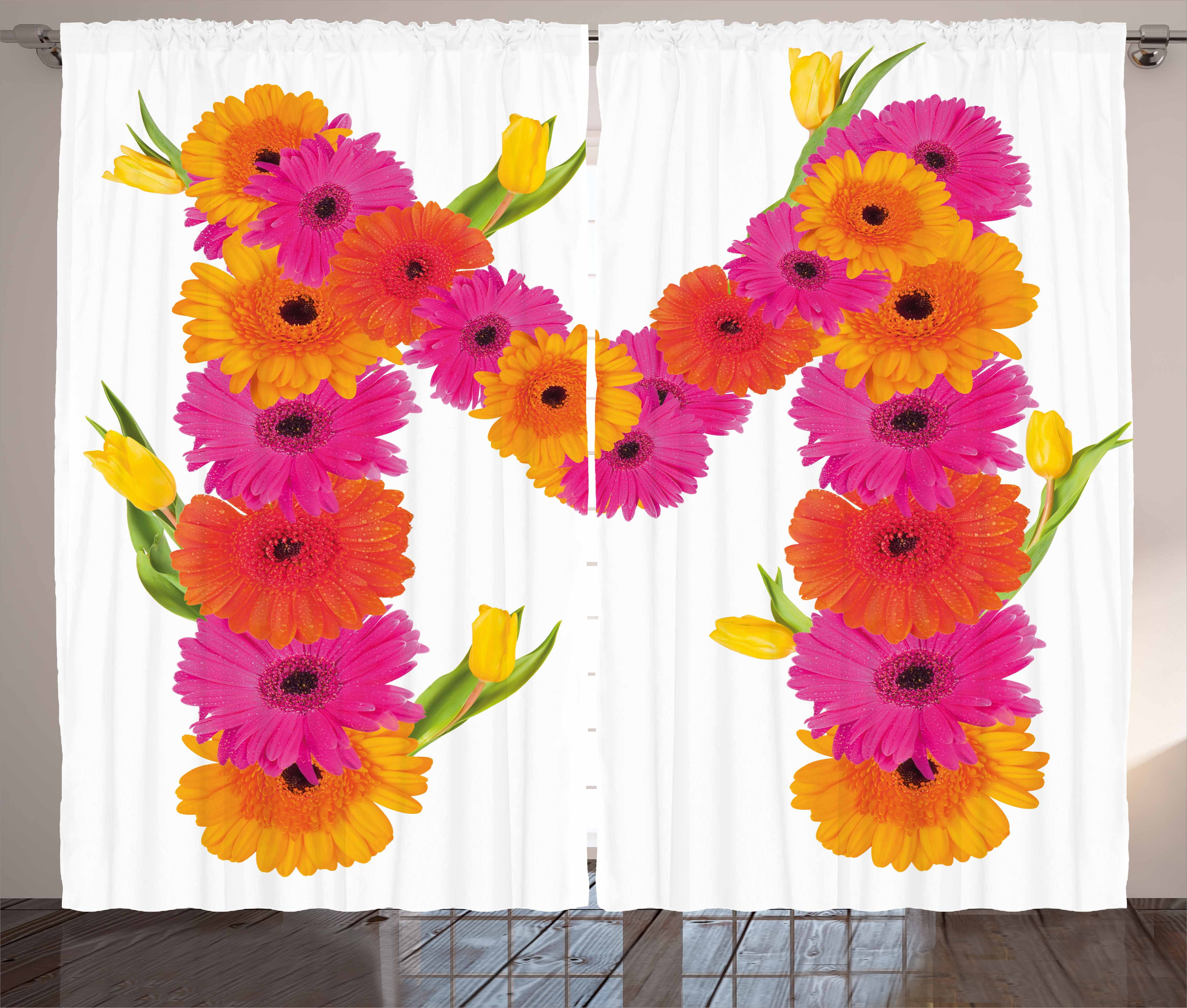 Letter M Curtains 2 Panels Set Pink And Orange Gerbera Flowers And Tulips In Full Blossom Fresh Spring Window Drapes For Living Room Bedroom 108w X