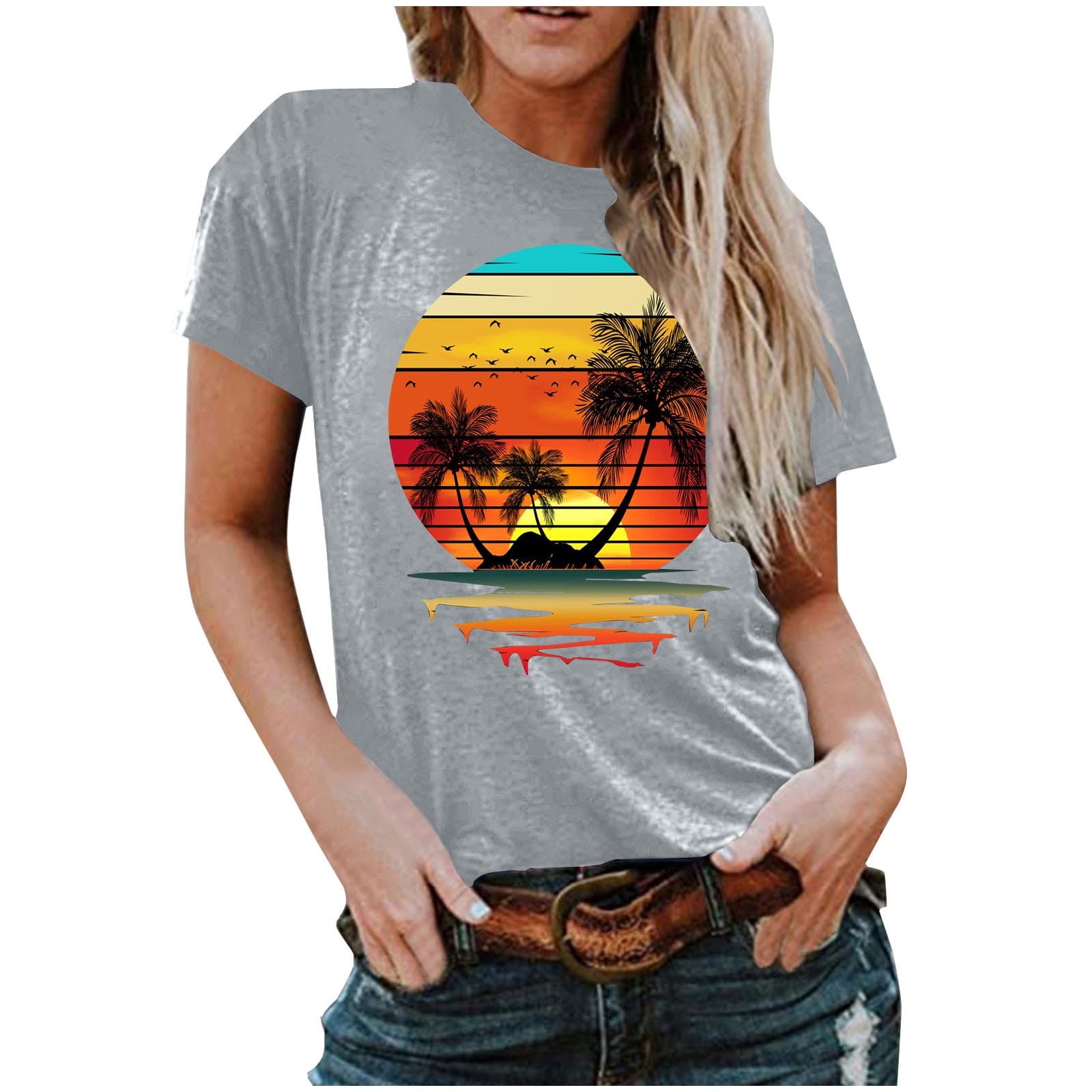 ZQGJB Summer Tops Clearance for Women Retro Tropical Sunset Mountains ...