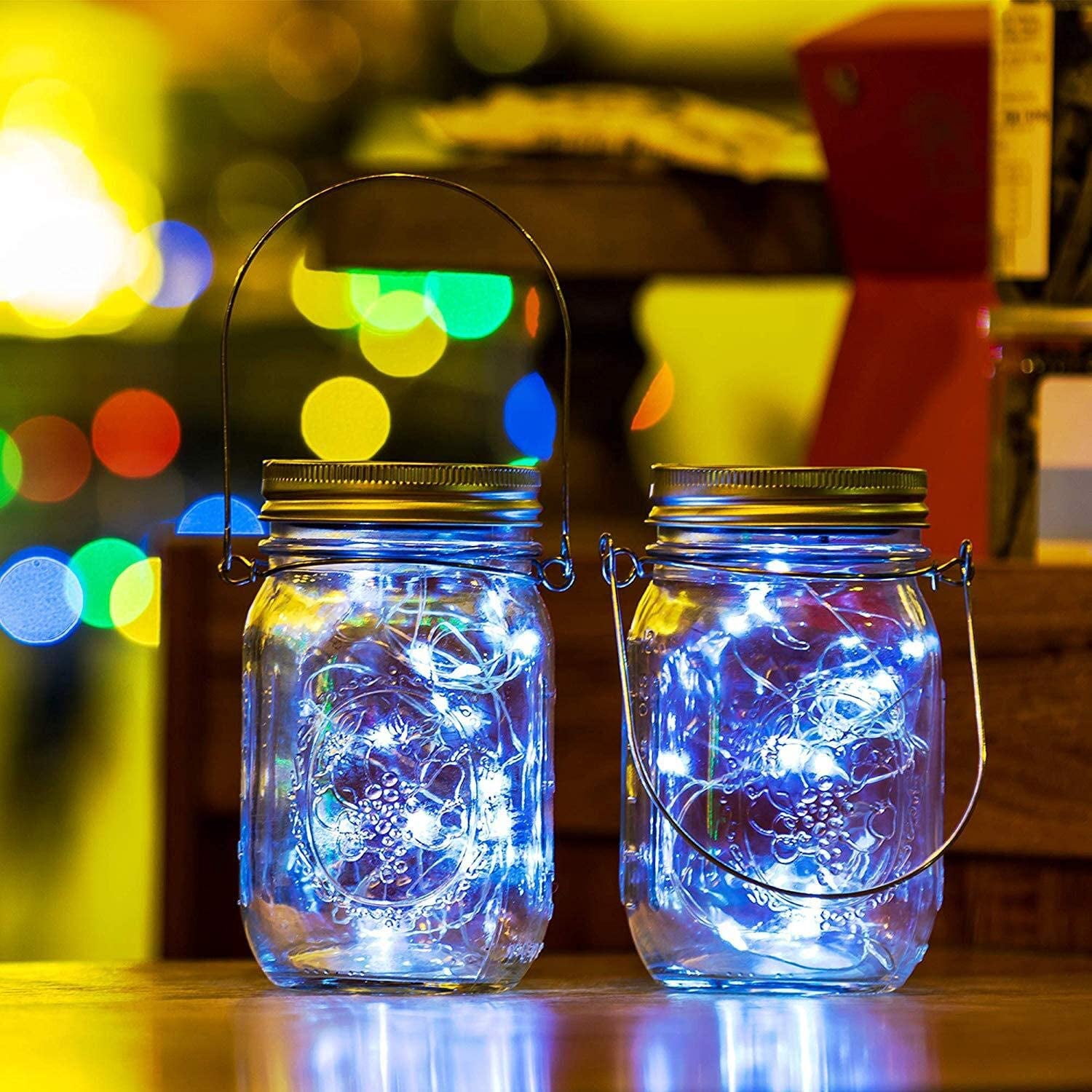 Puseky Mason Jar Solar String Lights Lid, Upgraded Antirust Waterproof 6 Pack 20 LED Jar Lid String Lights Set with 6 Hangers, Perfect for Patio Garden Wedding, Easter Decoration, White