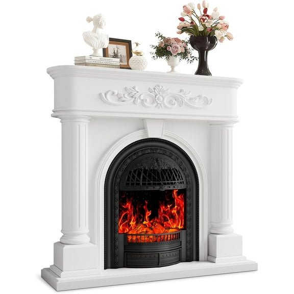 BOSHIRO 50” Electric Fireplace with Mantel, Solid Wood Roman Column TV Stand with Birdcage Heater Insert, Fireplace for Living Room, Bedroom & Entryway