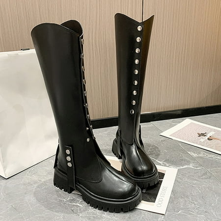 

Akiihool Women s Boots Mid Calf Women s Cowboy Boots Pull On Cowgirl Boots Side Zip Punk Combat Boots For Women (Black 8)