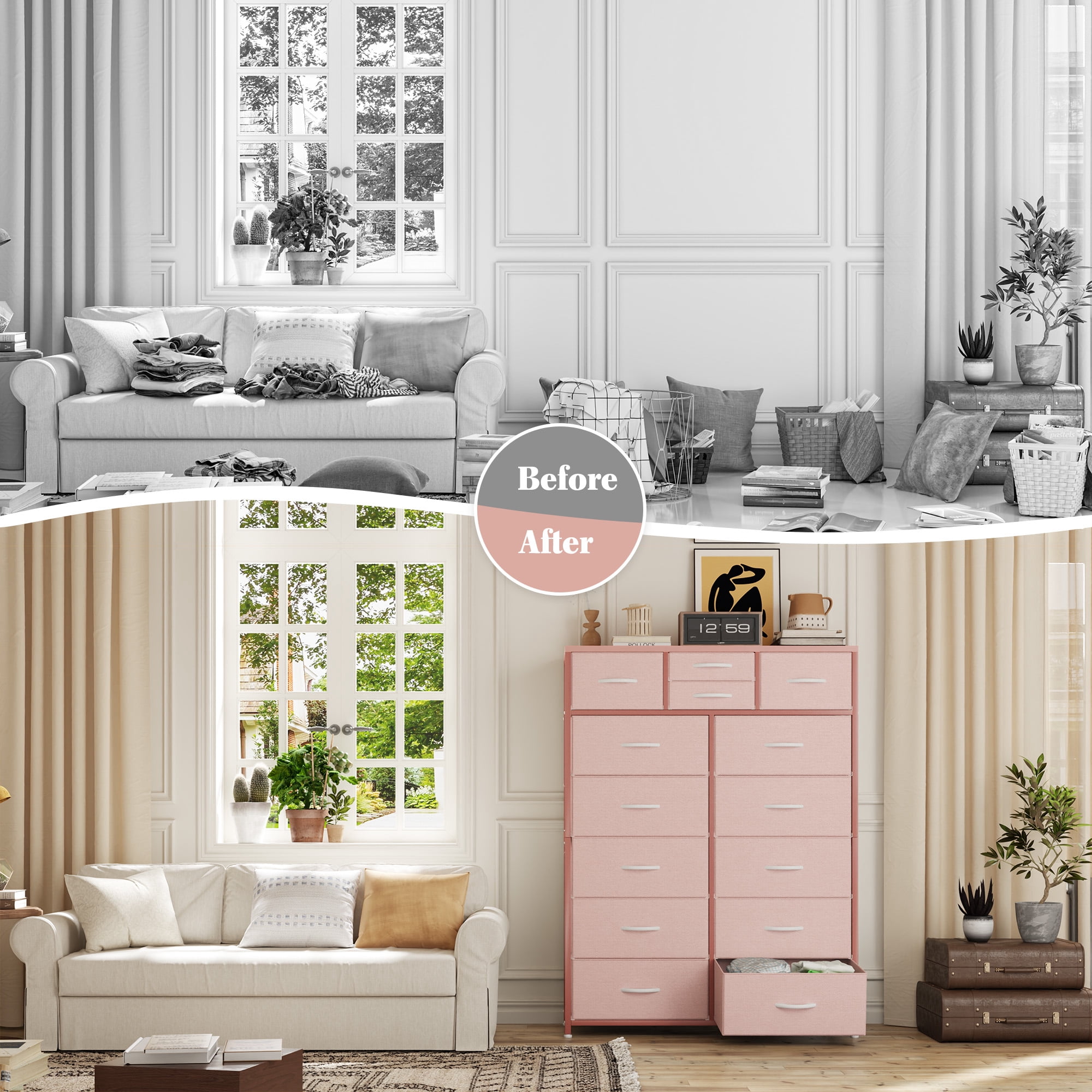 EnHomee Dressers for Bedroom with 14 Fabric Drawers Tall Dresser & Chests of Drawers Storage Tower for Living Room, Pink