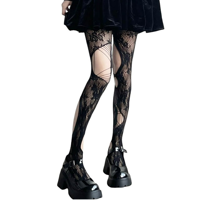 Fgnfyis Chaussettes d'Halloween pour Femmes Bas Résille Noirs Collants avec Design Ajouré Black1