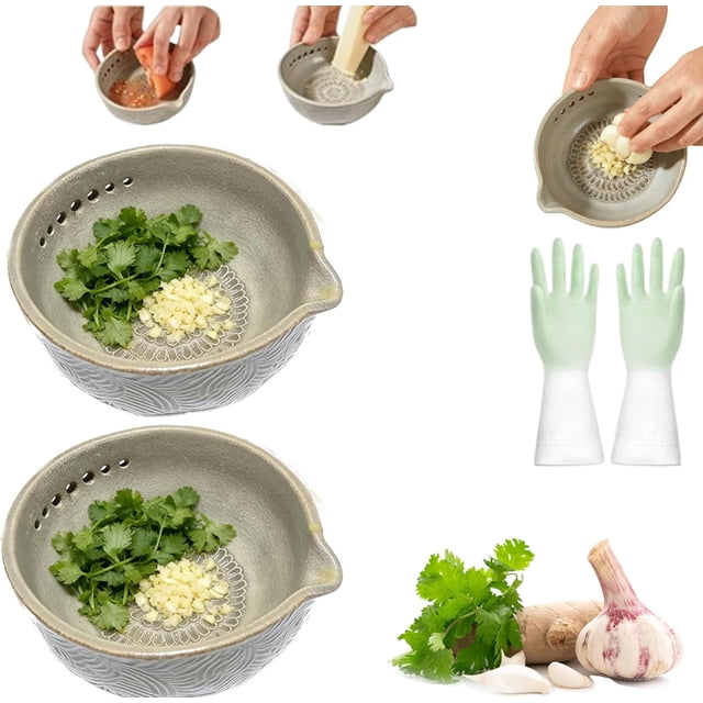 Handmade Garlic Grater X Herb Bowl,2-In-1 Pottery Herb Stripper Bowl, Different Sizes of Round Holes, Kitchenware for Root Removal, Effortless Kitchen Prep, 2-in-1 Multi-functional Kitchen Tool