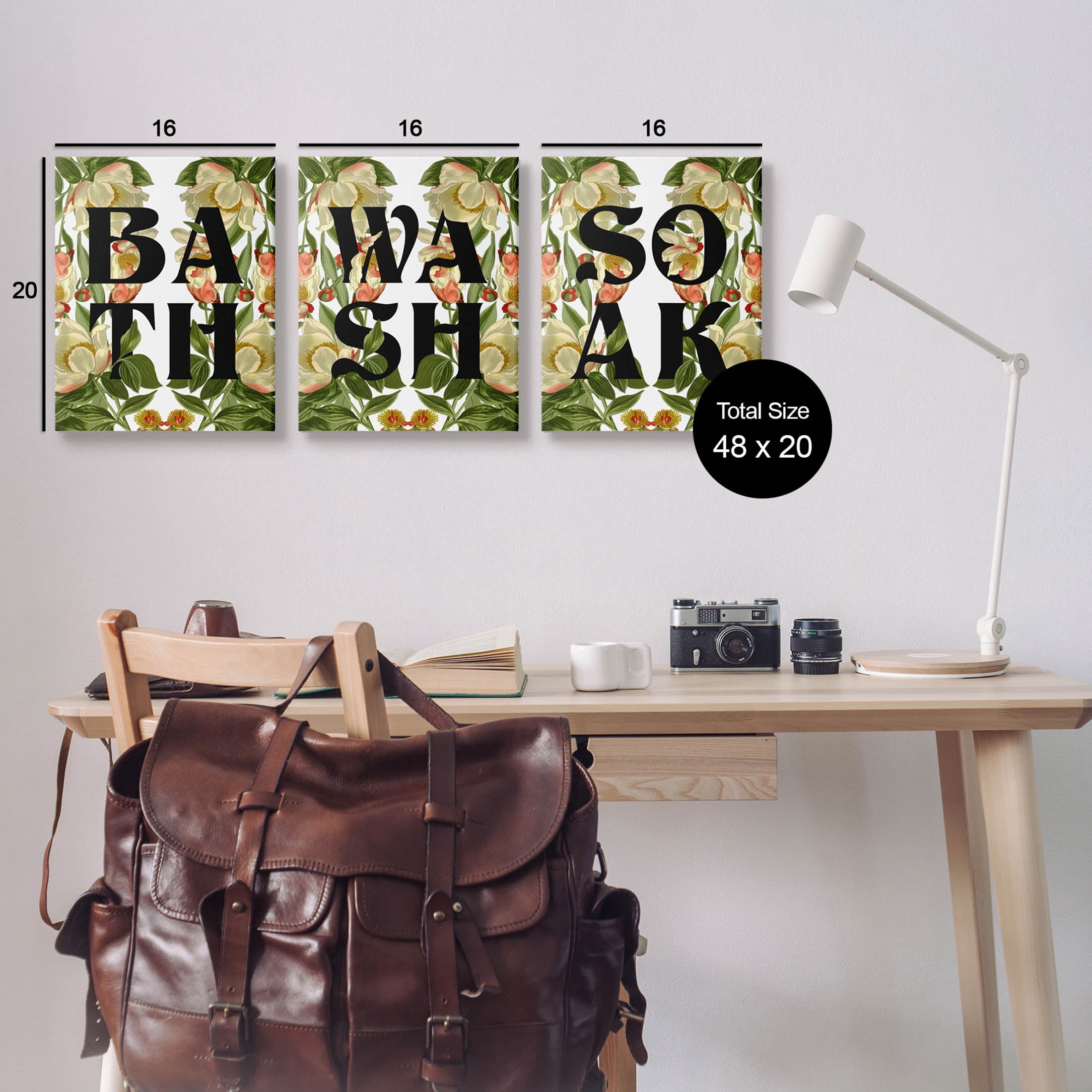 Bath Wash Soak Floral Bathroom Botanical & Floral Graphic Art Gallery Wrapped Canvas Print Wall Art, Set of 3