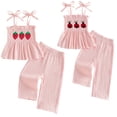 thumbnail image 1 of Toddler Baby Girl Summer 2Pcs Outfit Strawberry/Ladybug Embroidery Smocked Cami Top  Wide Leg Pants Set, 1 of 10