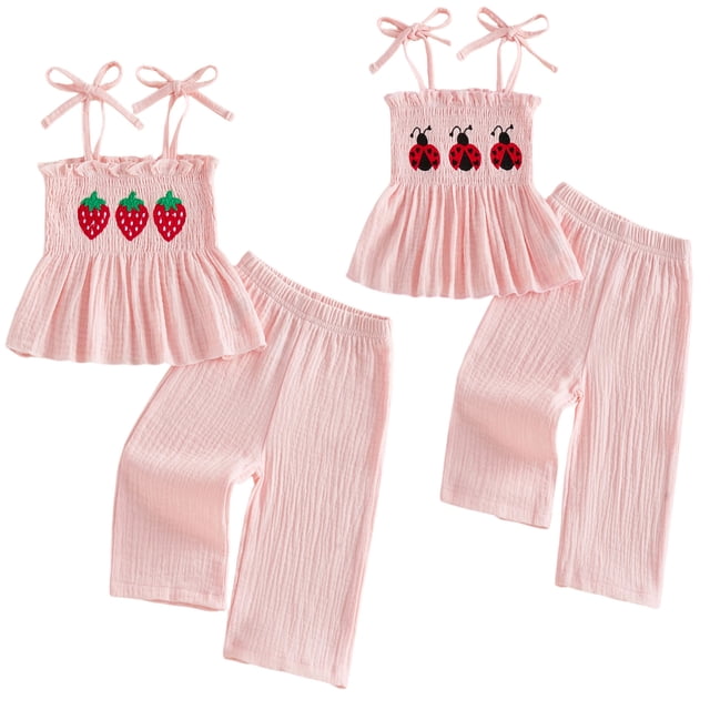 Toddler Baby Girl Summer 2Pcs Outfit Strawberry/Ladybug Embroidery Smocked Cami Top Wide Leg Pants Set