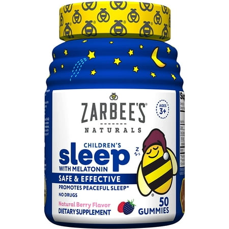 Zarbee's Kids Melatonin Gummy, Drug-Free & Effective Bedtime Childrens Sleep Aid Supplement, Natural Berry Flavored, Multi-Colored, 50 Count Gummies