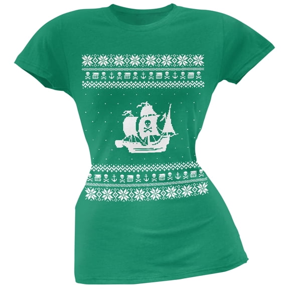 Pirate Ship Ugly Christmas Sweater Green Juniors T-Shirt - Small