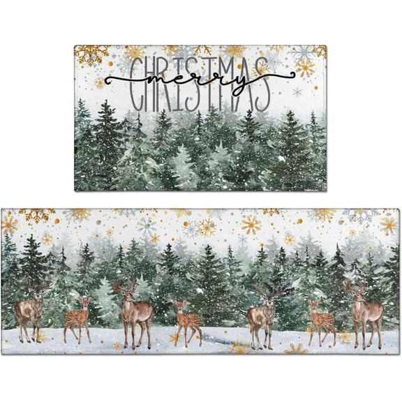 Christmas Trees Deer Snowflakes Christmas Kitchen Mats Set of 2, Winter Home Decor Low-Profile Kitchen Rugs for Floor,Merry Christmas Rugs 17x30 17x47 Inch